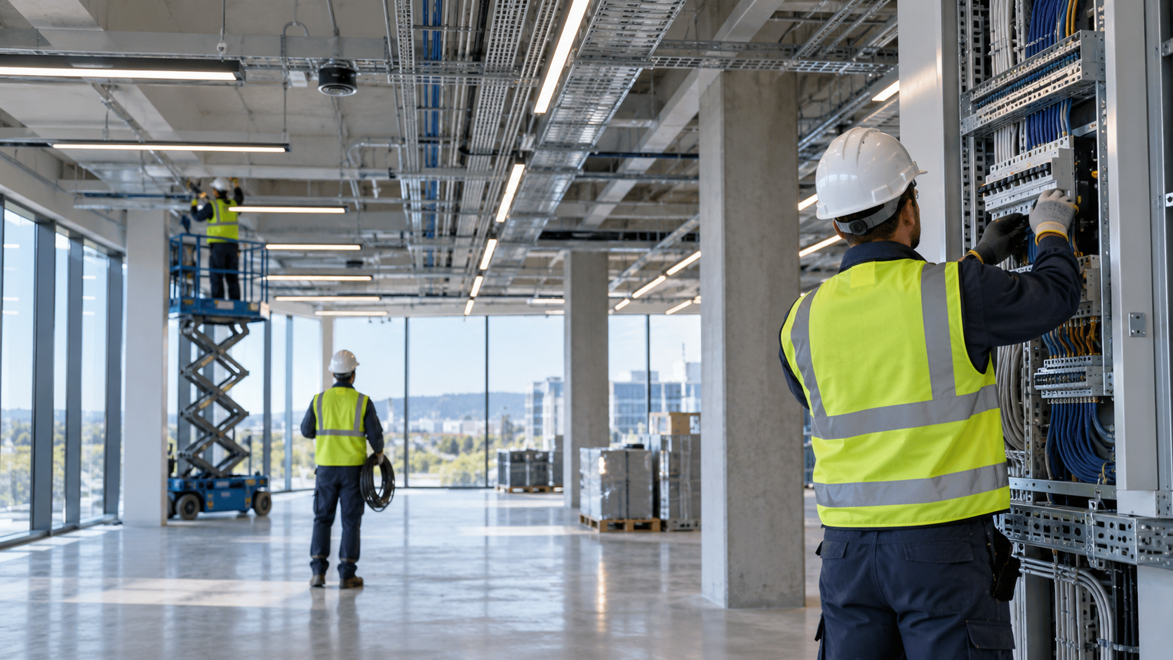 Techniciens CKR TECH sur un chantier tertiaire