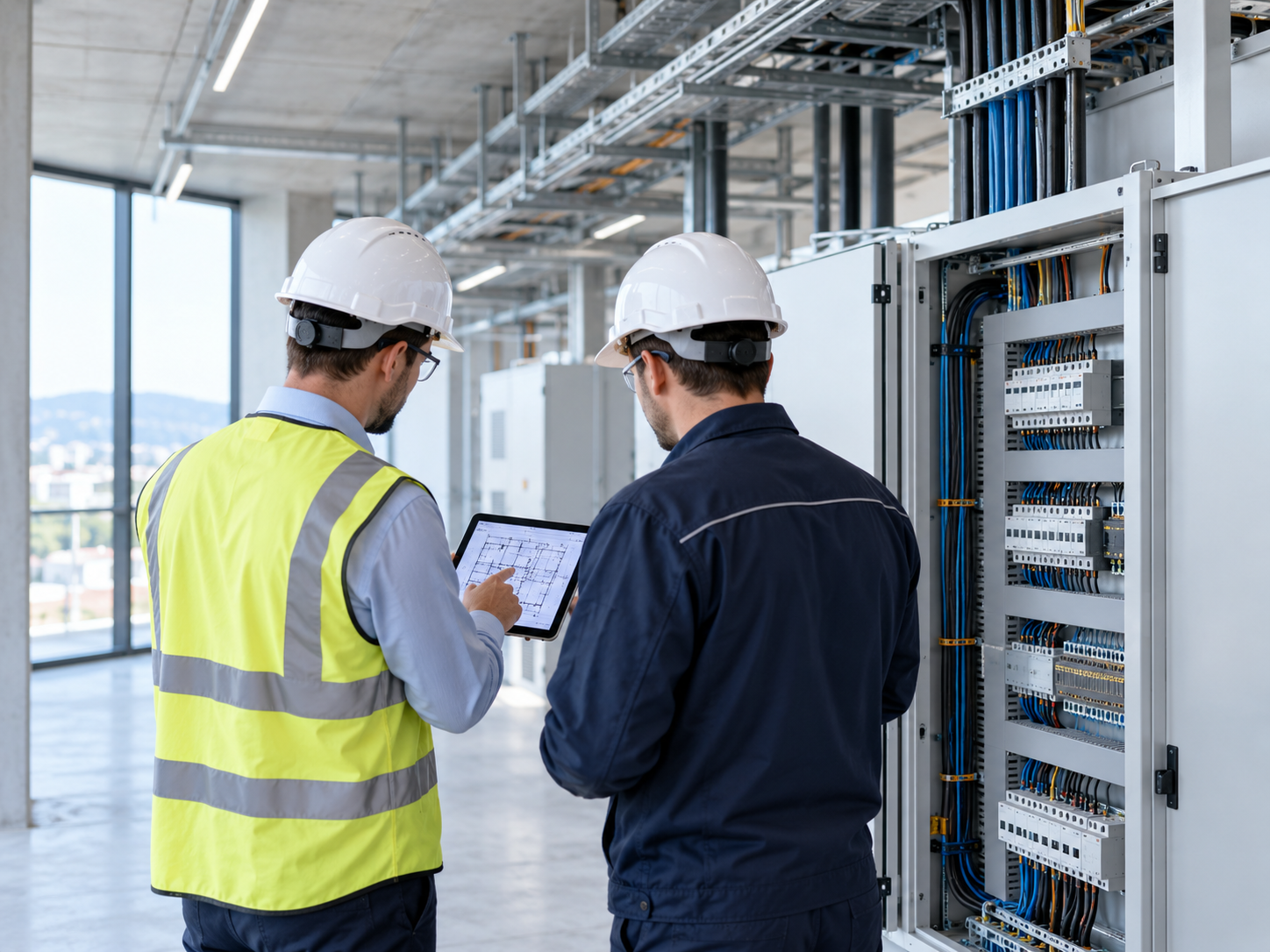 Deux techniciens CKR TECH échangeant sur un plan de chantier