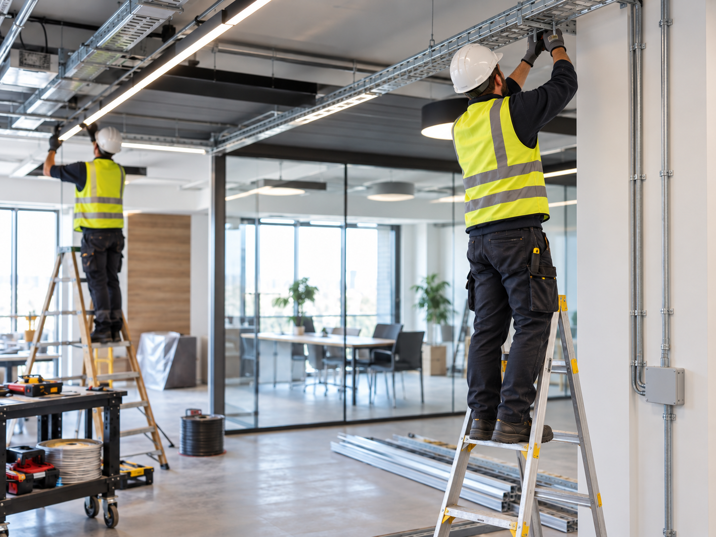 Techniciens CKR TECH installant un chemin de câbles dans un bureau