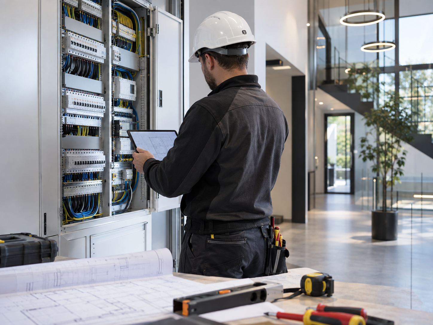 Technicien CKR TECH consultant un plan devant un tableau électrique